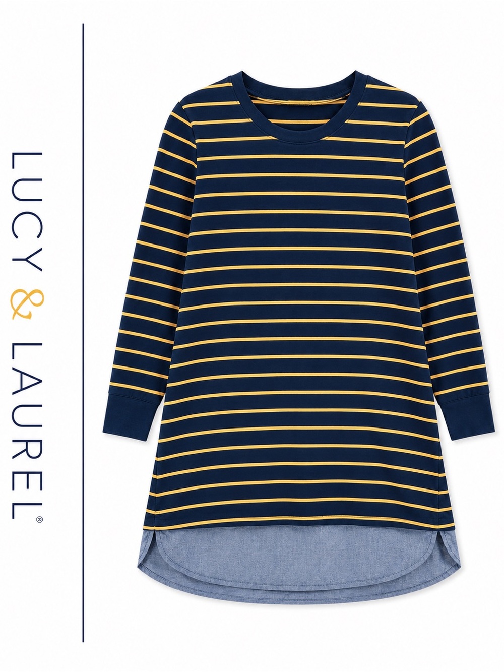 Lucy & Laurel Striped Tunic Dress Small Navy Yellow Chambray Hem E